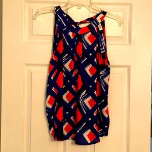 Royal Blue, black and orange dressy sleeveless top with tie back